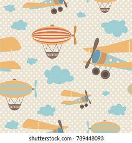 Seamless pattern with air balloons and plane. Vector Illustration