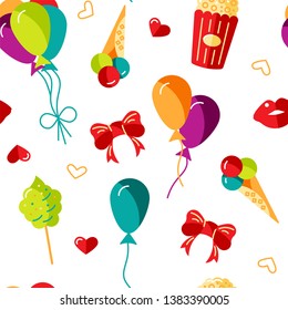 Seamless pattern with air balloons, popcorn, ice cream and lips. Circus and festive concept. Flat style vector illustration.