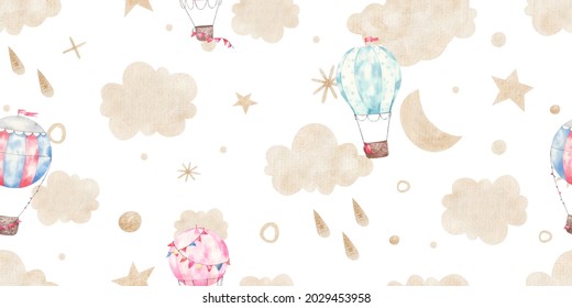 seamless pattern with air colored hot balloons, clouds, dots, stars made of gold, cute childish illustration