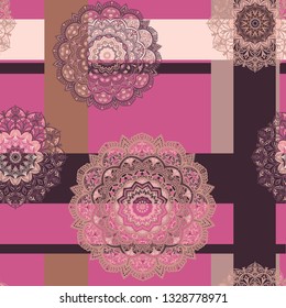 Seamless pattern - air mandalas on a pink background with stripes of plum color in beige and burgundy colors. Use in the design of clothing and premises, a harmonious combination.