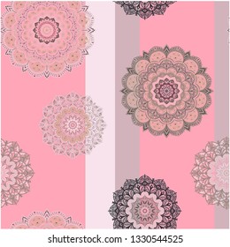 Seamless pattern - air mandalas on a geometric pink background with beige-gray stripes,  Shades of gray and beige - for the nursery, living room and hall.