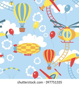 Seamless pattern with air transport with dirigible, balloon, helicopter, plane. Colorful background for the children