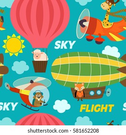 seamless pattern air transports with animals - vector illustration, eps
