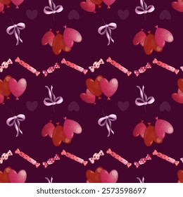 Seamless pattern with air vapors and Valentine's day candies on a burgundy background. The concept of romance, love. Vector illustrations for posters, banners, postcards, invitations and covers.