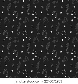 Seamless pattern of air zodiac such as libra, aquarius, gemini on dark background. Hand drawn vector illustration. Wraping paper horoscope. 