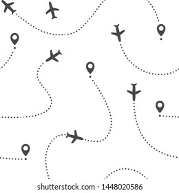 Seamless Pattern of the aircraft routes. Airplane trip texture for travelers. Ideal for packaging design, brochures, posters and clothing. Vectors