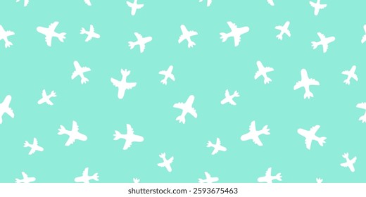 Seamless pattern airliner. Passenger airplane or toy airplane vector pattern. White on teal.