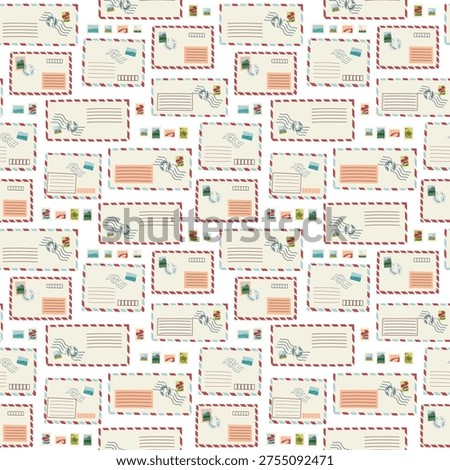 Seamless pattern of airmail envelopes and stamps on a light background