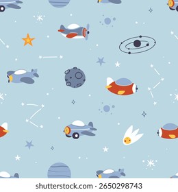 Seamless pattern with airplane adventure. Cute vector seamless print for kids and baby fashion, apparel, fabric, nursery wallpaper, wrapping