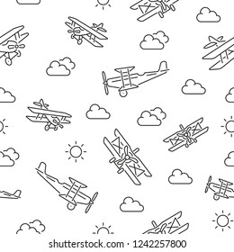 Seamless pattern with airplane. Black and white thin line icons