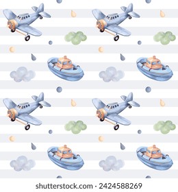 Seamless pattern with airplane, boat. Cute childish wallpaper. Watercolor toys background in pastel colors