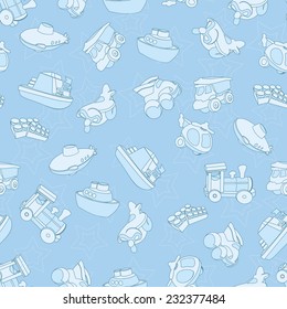 Seamless pattern with airplane, airplane, boat, ship, helicopter, cube, submarine, car, truck, van, for kids in cartoon style. Vector illustration.
