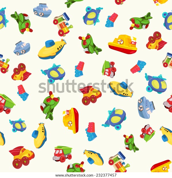 Seamless pattern with airplane, airplane,\
boat, ship, helicopter, cube, submarine, car, truck, van, for kids\
in cartoon style. Vector\
illustration.