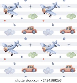 Seamless pattern with airplane, car. Cute childish wallpaper. Watercolor toys background in pastel colors