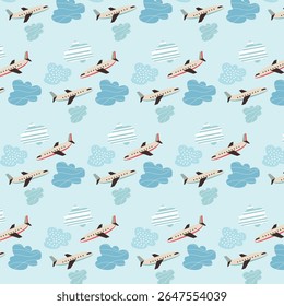 seamless pattern with airplane, cartoon airplane and cloud on blue sky vector illustration.