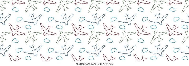 Seamless pattern with airplane and cloud on white background. For fabric design, packaging, wrapping paper, website background, mobile application. Vector graphics 