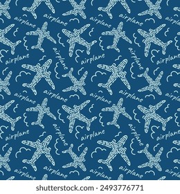Seamless pattern with airplane and clouds. Abstract vector background with airplanes. For fabric design, packaging, wrapping paper, website background, mobile app. Vector graphics