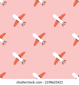 Seamless pattern with an airplane. Cute style, trendy colors. Tourism and vacation concept. Ideal for packaging. Hand drawn vector illustration. For print, fabric, wrapping paper design.