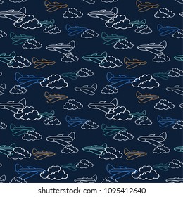 Seamless pattern with airplane flying in sky. Vector illustration for wallpaper, wrapping paper, textile print.