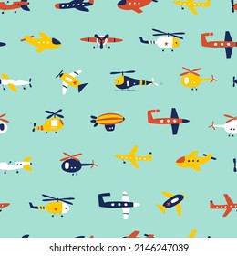 Seamless pattern with airplane and helicopter. Air transport. Kids print. Vector illustrations