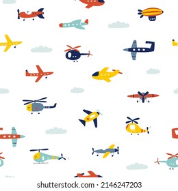 Seamless pattern with airplane and helicopter. Air transport. Kids print. Vector illustrations