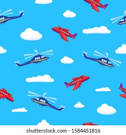 Seamless pattern with airplane and helicopter. Vector illustration, kids design.