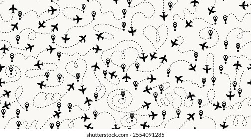 Seamless pattern airplane routes in dotted line. Aircraft tracking, planes, travel, map pins, location pins vector illustration. Seamless pattern aircraft tracking. Departure point, landing point.