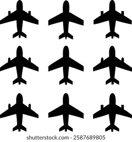 Seamless Pattern of Airplane Silhouettes - Black and White Aircraft Icons for Design.