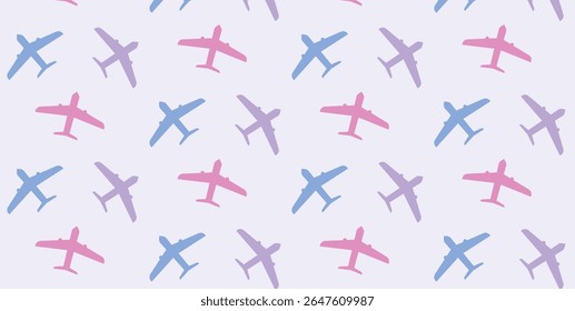Seamless Pattern with Airplane Silhouettes in Blue Pink and Purple. Flat Aircraft Icons Flying in Different Directions on Light Background. Vector Illustration for Travel and Aviation Theme.