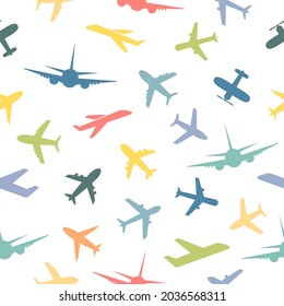 Seamless pattern with airplanes. Air cute transportation concept. Cartoon colorful planes collection. Kids illustration isolated.