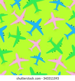 Seamless pattern with airplanes. background and multicolored smaller airplanes in front. Perfect for children's bedding . Vector.