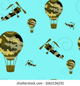 Seamless pattern with airplanes and balloons on a blue background. For decoration of textiles, packaging and children's wallpaper. Vector illustration.