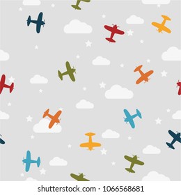 Seamless pattern with airplanes, clouds and stars. Simple children's print for children's clothing and textiles. Color transport on a gray background.