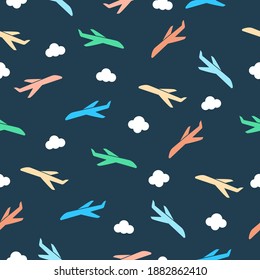 Seamless pattern with airplanes and clouds. Vector air transportation. Kids illustration isolated.