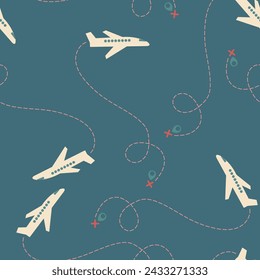 seamless pattern with airplanes and flight path. Background with aeroplane, plane