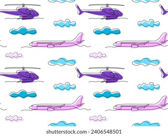 seamless pattern with airplanes and helicopters and clouds, continuous one line art hand drawing sketch