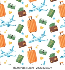 Padrão sem emenda com aviões, bagagem, câmera, passaporte, carteira. Fundo do vetor. Design de padrão de viagem. Design de padrão de viagem.