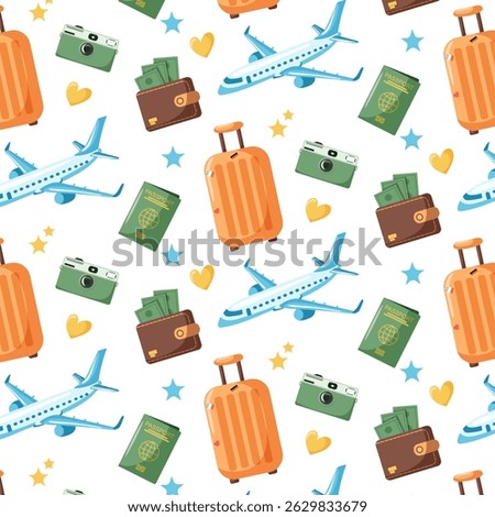 Seamless Pattern with Airplanes, Luggage, Camera, Passport, Wallet. Vector Background. Travel Pattern Design. Travel Pattern Design.