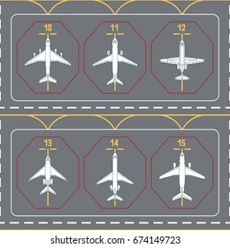 Seamless pattern with airplanes on the terminal apron. Can be used for graphic design, textile design or web design.
