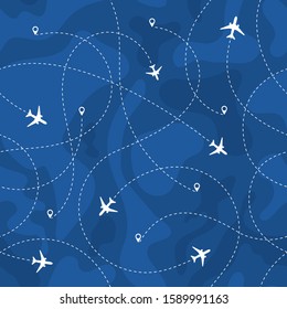 Seamless Pattern Airplanes Routes. Travel, Vacation, Trip Seamless Concept With Dashed Lines. Vector Illustration