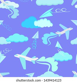 seamless pattern airplanes sky background flying clouds both glider