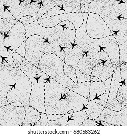 Seamless pattern with airplanes. Travel around the world concept. Vector background.