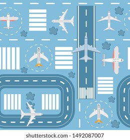 Seamless pattern of airport and runways with airplanes and airplane, top view. Isolated vector flat illustration, aviation and airport concept.