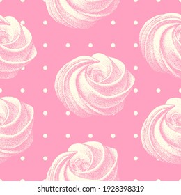 seamless pattern with airy french cookies meringues twirls, marshmallow, zephyr. Vector in graphic vintage retro style. sweetness, sweet cake, dessert