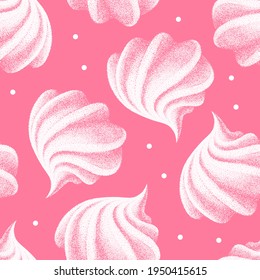 seamless pattern with airy french cookies meringues, marshmallow, zephyr. Pink vector in graphic vintage retro style. sweetness, sweet cake, dessert.