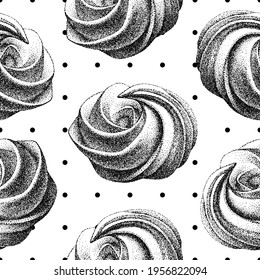 Seamless pattern with airy french meringues, marshmallow, zephyr. Sweetness, sweet cake, dessert. Vector in graphic vintage retro style.