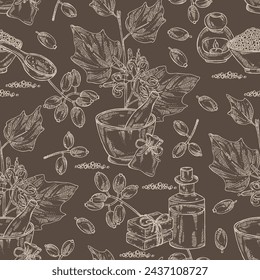 Seamless pattern with alangium chinense: alangium plant, leaves, alangium chinense flowers and berries. Oil, soap and bath salt . Cosmetics and medical plant. Vector hand