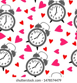 Seamless pattern with alarm clock and hearts. Time pattern and love on white background.