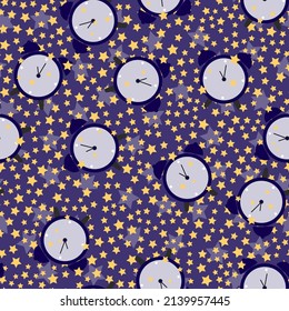 patrón ininterrumpido de reloj despertador y estrellas en un fondo oscuro. ilustración vectorial.