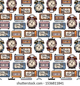 Seamless pattern with Alarm clock in vintage engraved style.